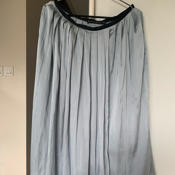 Zara Dresses & Skirts - ZARA sky blue midi satin skirt with zip on side and slit in front.